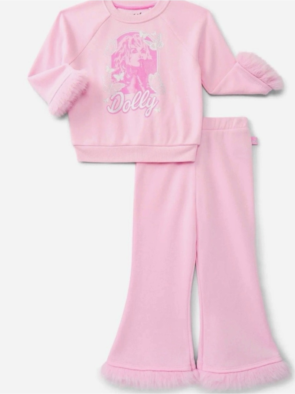 BRAND NEW Dolly Parton Toddler Faux Fur Trim Graphic Sweatshirt&Flare Pants Set, - Picture 3 of 4